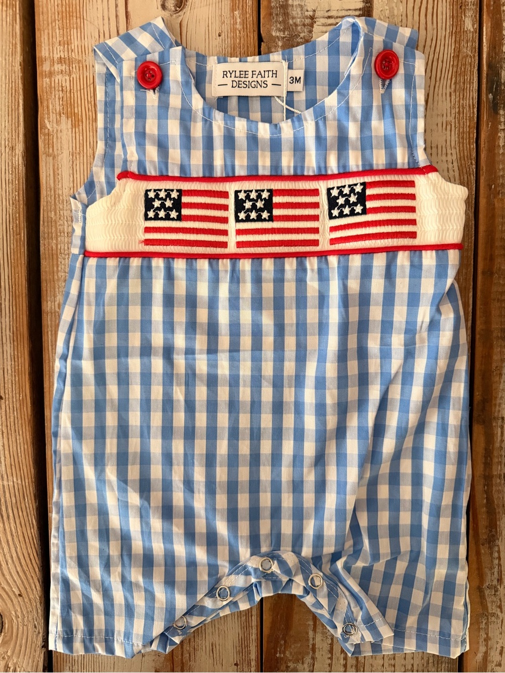 Rylee Faith Designs Blue Gingham Jon Jon with Flag Smocking